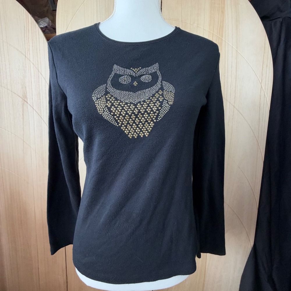 Croft & Barrow Top PS Black Studded Owl Graphic Long Sleeve Casual Whimsigoth